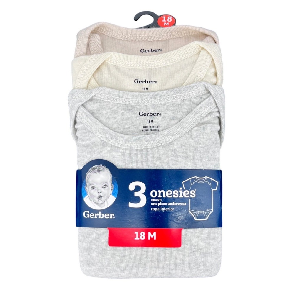 Gerber‎ Onesies Bodysuits Unisex 18M Grey Tan Cream Cotton Short Sleeve 3-Pack